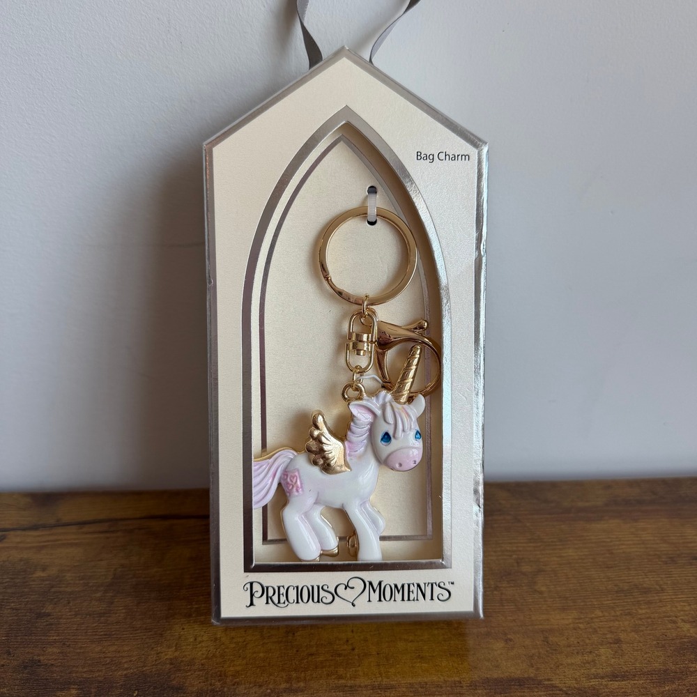 New Precious Moments Unicorn Pony Horse Bag Charm Key Chain Gold Pink White